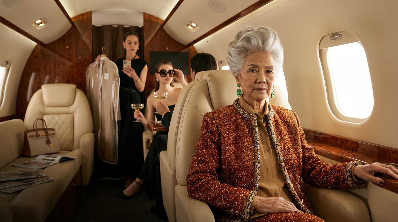 Madame Wu aboard a private jet among a fashion entourage
